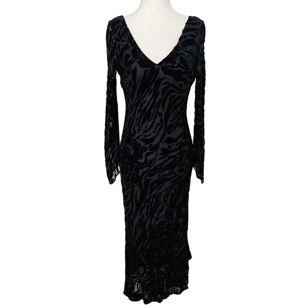 Black Velvet Midi Dress Burnout Silk Blend Witch Bell Sleeves V-Neck Asymetric 6